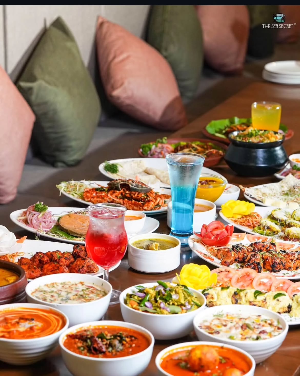 A colorful seafood table prepared for sharing