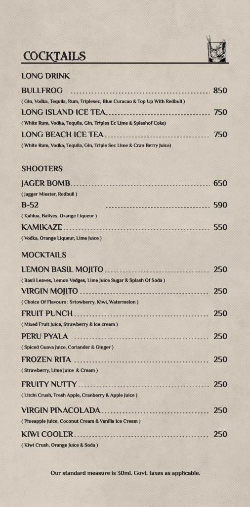 The Sea Secret Bar Menu